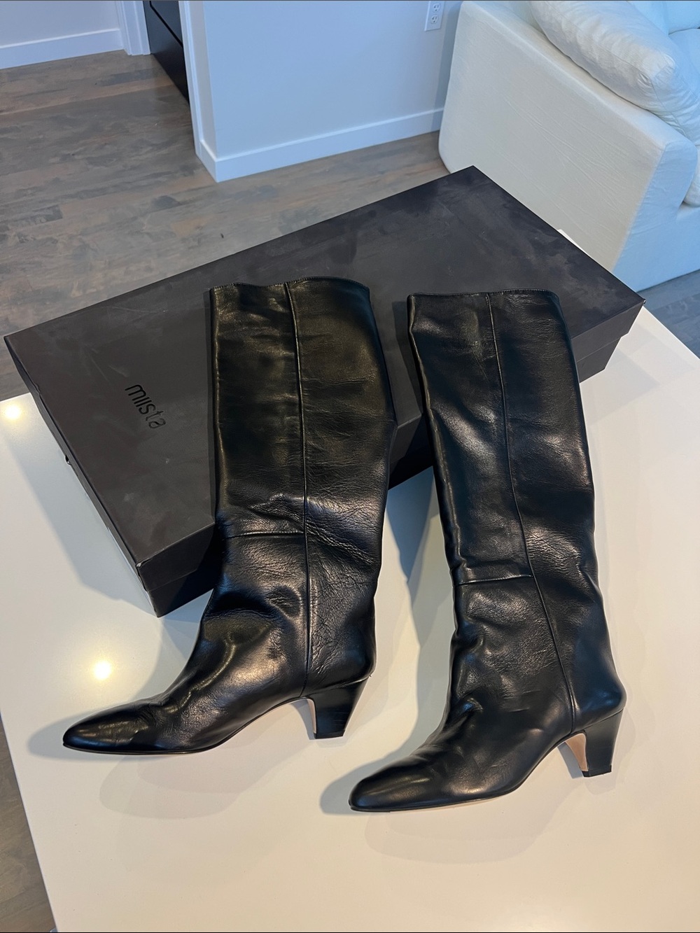 MIISTA katerina black leather long knee high boots low heel size 40